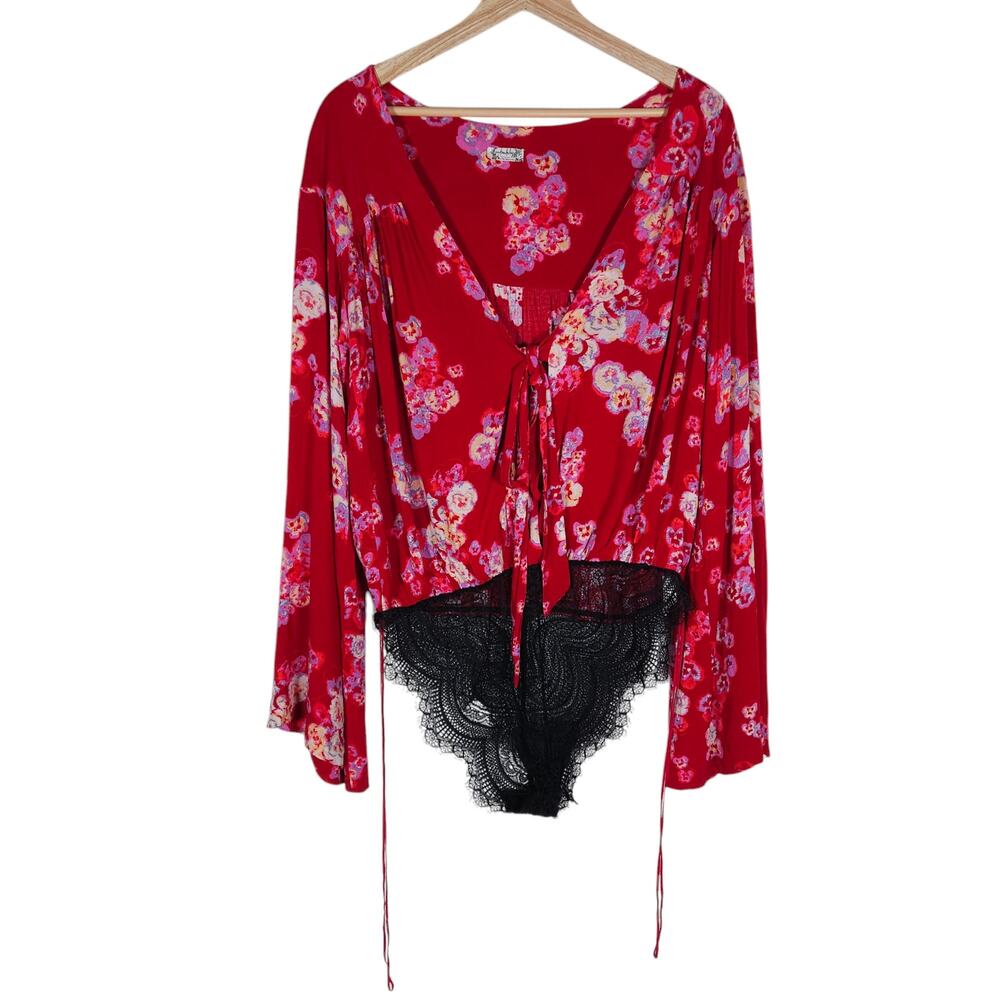 Intimately Free People Forties Feel Bodysuit Medium Red Black Floral Feminine